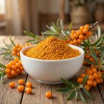 Organic Sea Buckthorn Powder in a wooden spoon