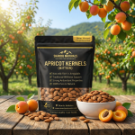 Apricot Kernel (Bitter) natural raw seeds in bowl with fresh apricots